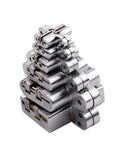 Two Piece Set Premium 304 Stainless Steel Hidden Cabinet Hinges stacked, showcasing various sizes and concealed design.