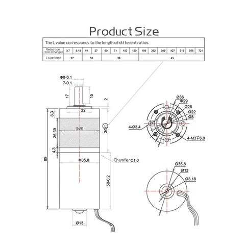 Product size diagram of Heavy Duty Brushless Planetary Micro Dc Gear Motor Featuring Forward Reverse Toggle.