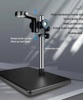 Ultra Clear 4K Digital Microscope With 48MP Camera, Big Stable Base showing metal stand for electronics repair, soldering.