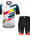 Men's short-sleeve cycling jersey and shorts set with rainbow stripe design on white and black fabric.