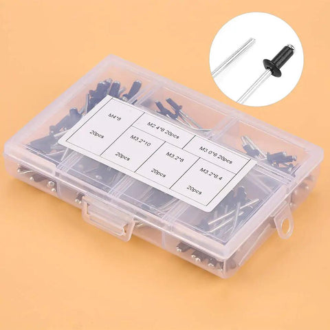 Pro Grade Aluminum Blind Rivet Kit with Storage Case 120 Pieces in Six Sizes shown in organizer box