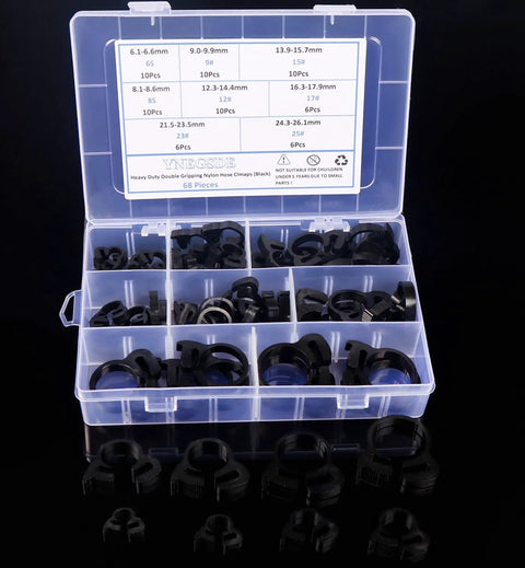 Heavy Duty Ratcheting Hose Clamp Set 6.1 To 26.1 Mm Adjustable Nylon Plastic Double Snap Grip 8 Size Kit With 68 Pieces