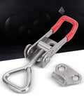 Two Pack Toggle Clamp Built from 304 Stainless Steel Heavy Duty Hold Down Quick Fixture Latch with Adjustable Buckle Tough as Nails Perfect for Woodworking Cabinets or Door Latching Projects, stainless clamp with red handle