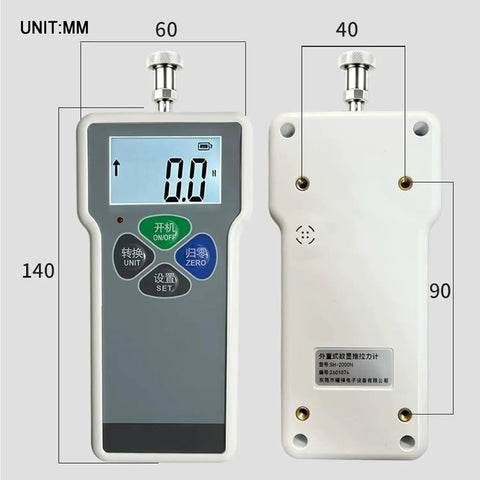 Heavy Duty Digital Force Gauge Featuring Bulletproof S Type Sensor And Quick Tap Peak Hold Mode For Straight Ahead Push Pull Testing Up To 1000 Newtons On Any Job Site Bench, showing front and back views.