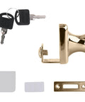 Pro Grade Gold Plated Clamp Lock For Three Eighth Inch Single Glass Doors No Fuss No Drill Mount Secure Closure Hardware For Display Cases And Retail Fronts Keyed Alike Sleek Finish with keys and strike plate components.