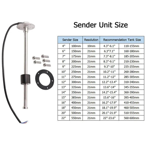 Beefy Heavy Duty 225 Millimeter Fuel Level Sending Unit Five Hole Stainless Steel Assembly Waterproof Gauge Sender with size chart.