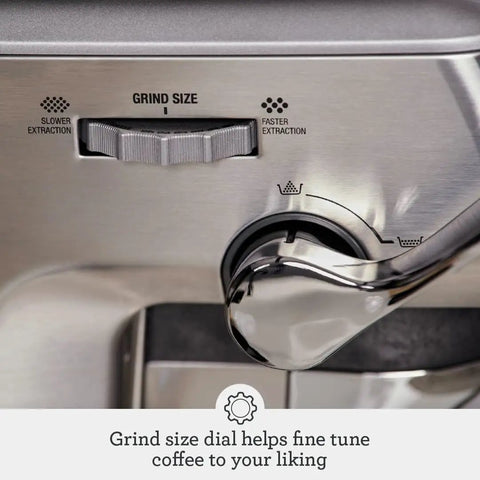 Close-up of Barista Express Impress Espresso Machine With Impress Puck System And Smart Dosing, grind size dial.