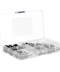 Internal Tooth Lock Washers Set, 340 Pcs Black Assortment Kit in transparent storage case with multiple compartments.