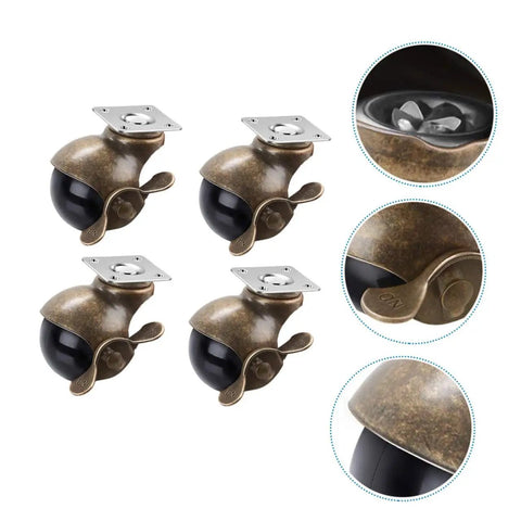 Vintage Brass Plate Swivel Caster Wheels Two Inch Diameter Heavy Duty Four Pack Rolling Casters for workbenches, close-up view.