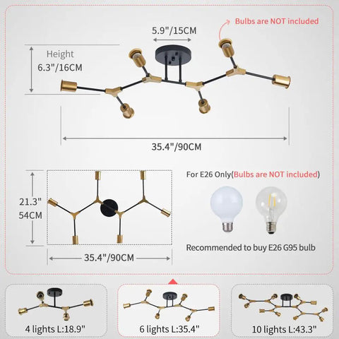 Dimensions and specifications of Six Light Gold And Black Sputnik Ceiling Light Fixture Modern Mid Century Vibe Semi Flush Mount For Living Room Bedroom Dining Room Hallway Kitchen And Office E26 LED Compatible Easy Install shown with bulb recommendation.