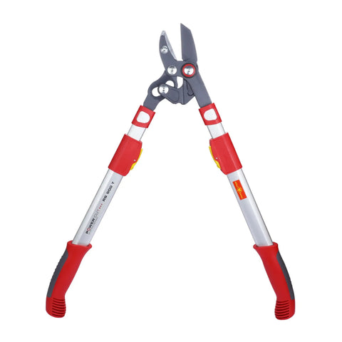 Lightweight Telescoping Anvil Lopper With Extension Handles Reaching To Thirty Five Point Five Inches Premium German Steel Blade pruning tool with red and silver handles.