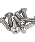 Top Shelf M6 Flanged Button Head Socket Cap Screws 1.0 X 25mm Full Thread Stainless Steel 304, pack of 8 bolts at different angles.