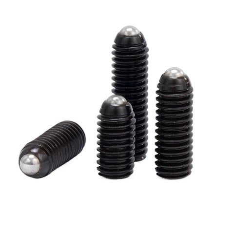 Tough As Nails Carbon Steel Spring Ball Plungers Featuring Wave Bead Cores That Push In Easy And Hold Firm For Rock Solid Positioning Accuracy Inside M10 By 16Mm Dimension Ten Piece Bundle, showing four black spring ball plungers.
