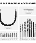 22 piece accessory set for Heavy Duty 20 Volt Max Lithium Ion Cordless Drill Kit, including flexible shaft and various drill bits.