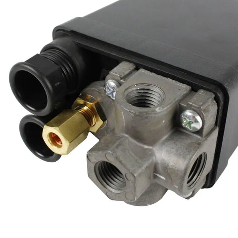 Tough As Nails Aftermarket Pressure Switch For Air Compressors 95 To 125 Psi with four ports and gold fittings visible.