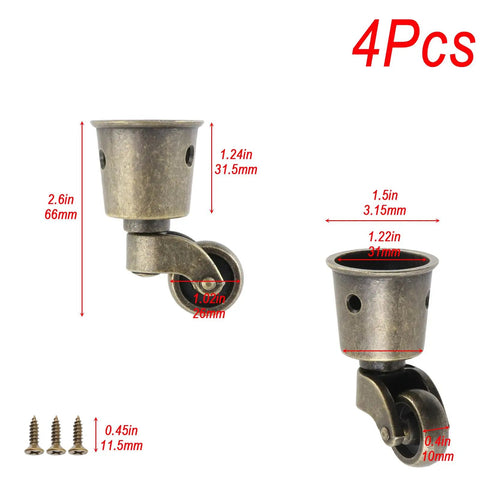 Four Pack 360 Degree Swivel Cup Casters With Silent Rolling Precision Bearings Smooth Operator Antique Brass Furniture Wheels No Sweat Glide Upgrade For Couches And Tables At Home, showing dimensions and design.