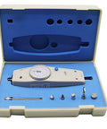 Hella Accurate Handheld Push Pull Force Gauge Tester With Peak Load Memory 500N inside a carrying case with accessories.