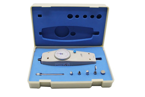 Hella Accurate Handheld Push Pull Force Gauge Tester With Peak Load Memory 500N inside a carrying case with accessories.