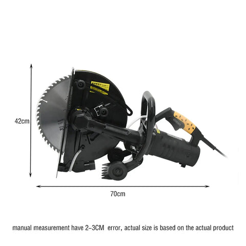 Heavy Duty 6800W Electric Circular Saw side view with 70cm length and 42cm height, showing multi-function design for precision cuts.