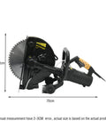 Heavy Duty Cordless Circular Saw For Nailing All Your Weekend Build Projects With Smooth Multi Angle Cuts And Effortless Precision Slicing Through Wood Metal Stone And Tile Guaranteed To Get The Job Done Right, side view with dimensions shown.