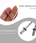 Close-up of 50 Piece Stainless Steel Blind Rivet Kit With Smooth Dome Head, showing corrosion-resistant rivets for DIY projects.