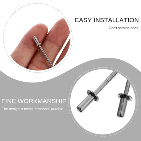 Close-up of 50 Pieces Stainless Steel Blind Rivets Kit With Easy Install And Precise Specs For DIY use, highlighting flat head design.