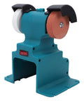 Heavy Duty Mini Bench Grinder And Buffer Polisher Featuring Secure Six Hole Mounting Base For 18V Battery Powered Workshop Rigs with two grinding wheels.