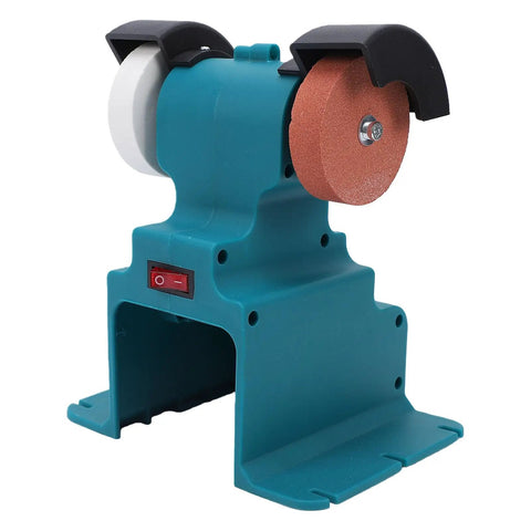 Heavy Duty Mini Bench Grinder And Buffer Polisher Featuring Secure Six Hole Mounting Base For 18V Battery Powered Workshop Rigs with two grinding wheels.
