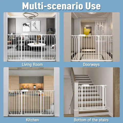 Extra Wide Pressure Mount Baby Gate With Auto Close And Hold Open in various scenarios: living room, doorway, kitchen, stairs.