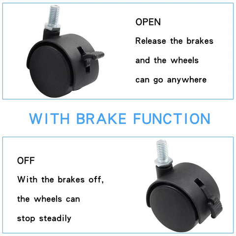 5 Pack 1.5 Inch Nylon Caster Wheels With M8 Threaded Stem And Brakes For Carts And Coffee Tables, showing brake function