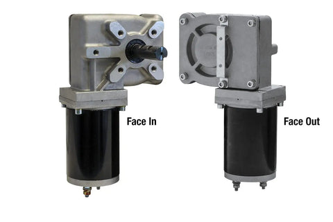 600W 12V Electric Tarp Gear Motor with Bronze Gear and 90:1 Ratio, weatherproof chrome cover, front and side view