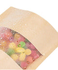 Grab And Go Mini Kraft Paper Bags With Resealable Zipper And Clear Window, 300 Count Stand Up Food Pouches for colorful treats behind clear window.
