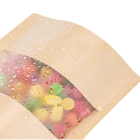 Grab And Go Mini Kraft Paper Bags With Resealable Zipper And Clear Window, 300 Count Stand Up Food Pouches for colorful treats behind clear window.