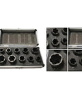Heavy Duty Steel Bolt Extractor Socket Set 10pc For Gnarly Rusted And Rounded Nuts in a displayed case with sizes clearly labeled.