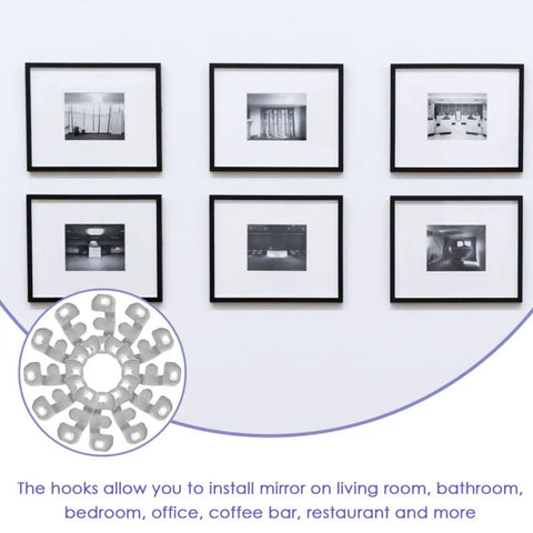 Top Shelf Heavy Duty Stainless Steel Mirror Clips And Picture Frame Hangers 16 Pack on wall with black-framed photos.