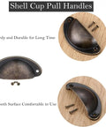 10 Piece Set Of Badass Antique Bronze Cup Pull Handles With Classic Half Moon Shell Design, Heavy Duty Solid Iron Hardware For Dresser And Closet, Hella Rustic Kitchen Furniture Knobs With Mounting Screws, showing solid iron cup pull handle and screws.