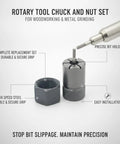 Rotary Tool Chuck And Nut Set With High Speed Steel For No Slip, Rock Solid Grip On Bits In Woodworking And Metal Grinding, Stable Bit Retention For Precise Carving, Grinding, And Drilling Tasks., HSS chuck and nut set shown with installed bit