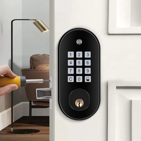 Rock Solid Keyless Entry Deadbolt With Backlit Numeric Keypad And Easy Dial In Spy Proof Virtual Code For No Sweat Self Locking Residential Door Security Upgrade installed on a white door.