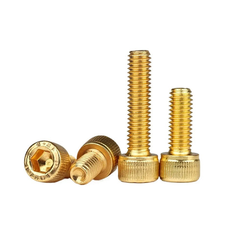 Heavy Duty M8 X 12mm Hex Socket Cap Screws With Slick Titanium Gold Plated Finish Built From Rock Solid 12.9 Grade Steel Boss Level Fasteners For Weekend Warriors And Pro Shop Builds 130 Pack, showing screws in gold finish.