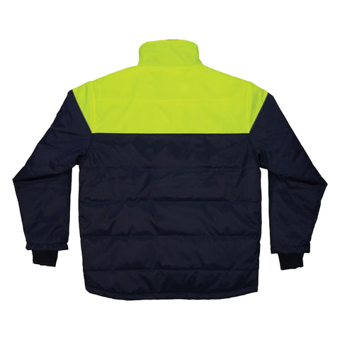 Back view of Heavy Duty Insulated Freezer Jacket Tailored To Brutal Cold Storage Jobs in navy and high visibility yellow.