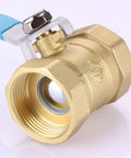 Heavy Duty Solid Brass Ball Valve With Double Internal Thread One Point Five Inch Straight Through Shut Off For Plumbing Lines detailing valve face and threads.