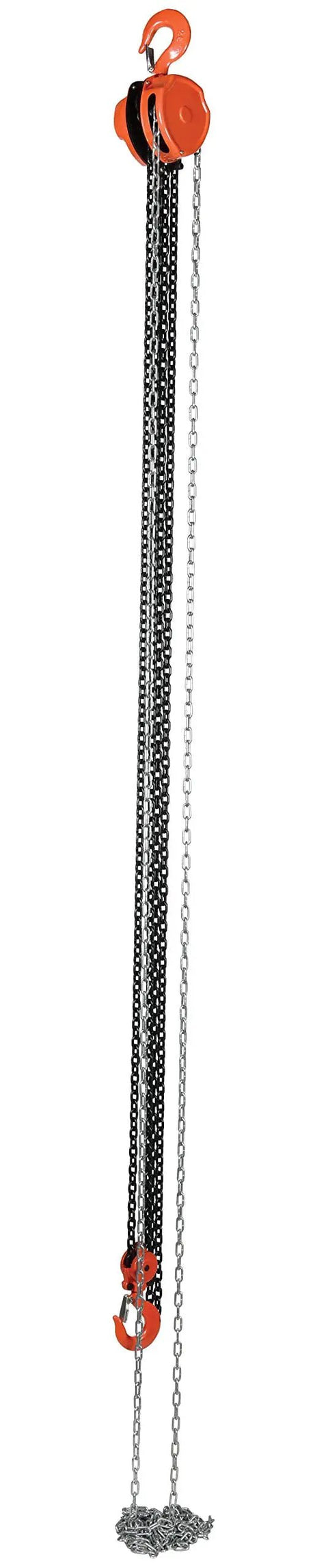 Heavy Duty Manual Chain Hoist For Industrial Use 15 Ft Lift 4000 Lb Capacity Grade 80 Chain Stamped Steel Housing Orange Finish