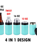 Double Wall Vacuum Insulated 12 Oz Can Cooler Keeps Your Drinks Dank And Icy Cold Food Grade Stainless Steel Tumbler With Screw Lid, showing 4 in 1 design and various sizes.