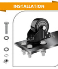 Installation of Set Of Four 3 Inch Heavy Duty Rubber Swivel Caster Wheels with bolts and nuts on a metal plate.