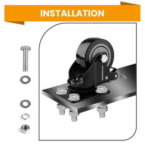Installation of Set Of Four 3 Inch Heavy Duty Rubber Swivel Caster Wheels with bolts and nuts on a metal plate.