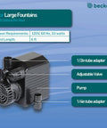 430 GPH Pond Pump 120V Submersible Fountain Pump With Auto Low Water Shut Off, featuring adjustable valve and tube adapters.