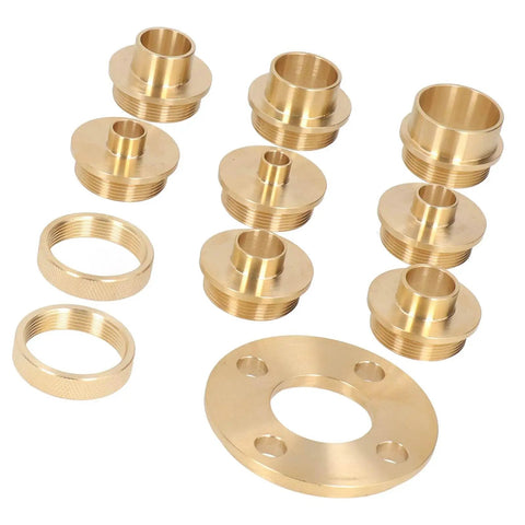 Solid Brass Router Guide Template Kit Featuring Eight Slick Bushings And Heavy Duty Lock Nuts For Flawless Hinge Routing and Dovetail Cuts Ultimate Woodworking Gear, showing machined brass bushings and adapter plate.