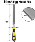 Flat Hand Metal File 8 Inch With Ergonomic Handle Pro Grade High Carbon Steel Bastard File with measurements and close-up detail.
