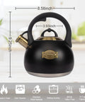 Stovetop Tea Kettle Made From Food Grade Stainless Steel 3.1 Quart Whistling Water Kettle For Home And Kitchen With Thick Durable Body And Five Layer Bottom For Even Heating And Quick Boils A Real Kitchen Workhorse, shown in black with dimensions.