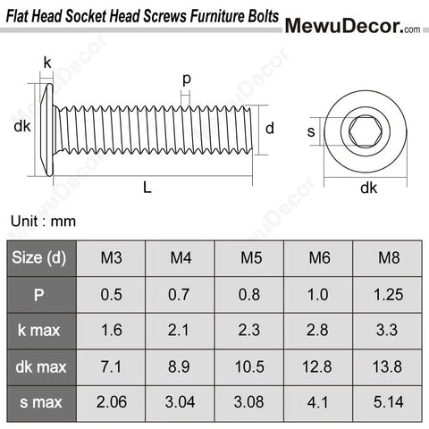 Diagram showing M6 x 35mm socket cap bolts with barrel nuts for furniture assembly specifications and dimensions.